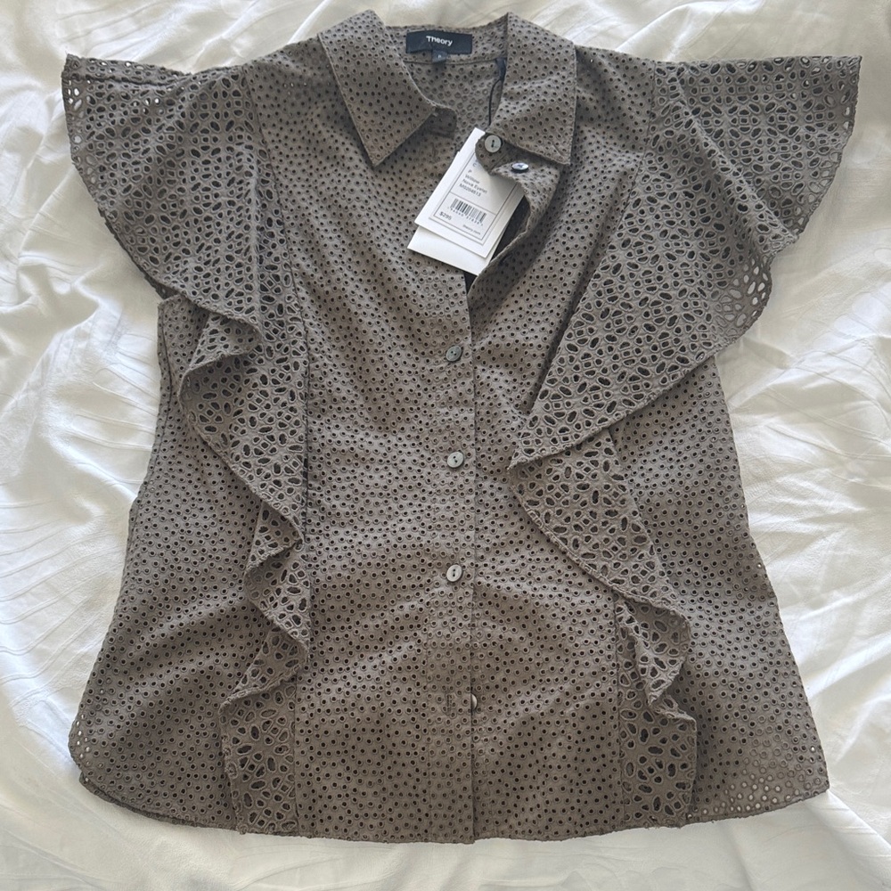 Theory Taupe Eyelet Ruffle Blouse